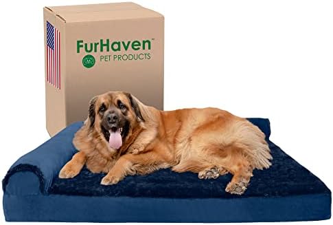 Furhaven Orthopedic Dog Bed for Large Dogs w/ Removable Bolsters & Washable Cover, For Dogs Up to 125 lbs - Plush & Velvet L Shaped Chaise - Deep Sapphire, Jumbo Plus/XXL