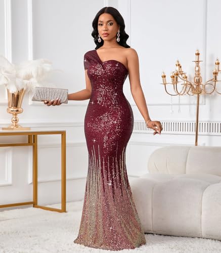 Image of Cololura Women Sexy Sequin One Shoulder Mermaid Formal Party Cocktail Gowns Bodycon Evening Maxi Dress