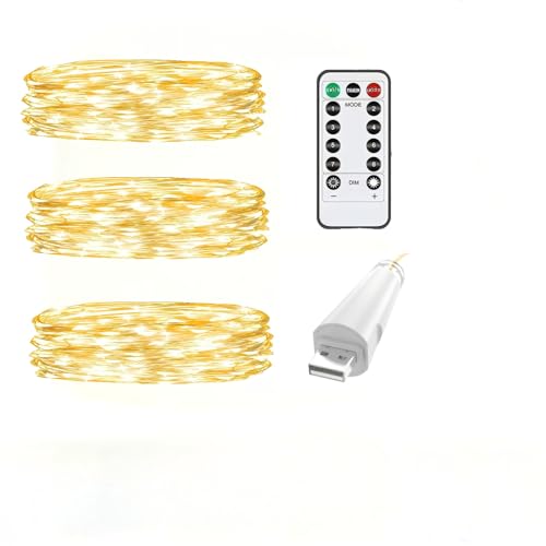 OUSMIN Twinkle Lot de 3 guirlandes lumineuses USB avec télécommande et minuterie, étanche, 8 modes pour chambre à coucher, couronne d'intérieur, décoration de fête, mariage, Noël (chaud/20 DEL, 2 m)