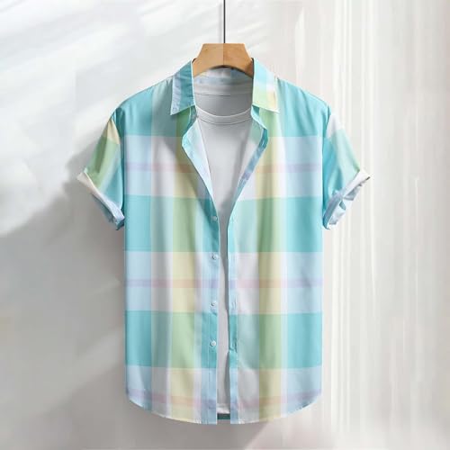 Plaid Shirt Men Summer Short Sleeve Button Down Shirts Vintage Lightweight Casual Collared T-Shirt Untucked Beach Outfit2