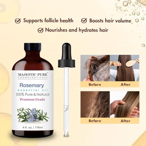 Image of Majestic Pure Essential Oil with Glass Dropper - 100% Pure and Natural - Essential Oils for Diffuser, Aromatherapy, Soap and Candle Making, Rosemary Essential Oil, Rosemary Oil, 4 Fl Oz