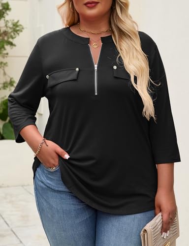Kancystore Women's Plus Size 3/4 Length Sleeve Tops V Neck Fall Shirts Work Blouses Tunics XL-5X4