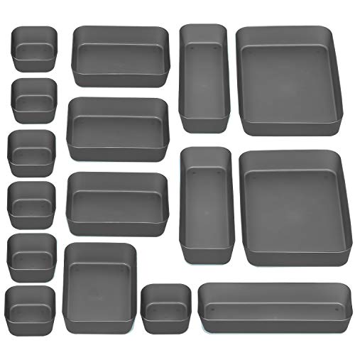 JARLINK 16 Pack Desk Drawer Organizer Trays with 4 Different Sizes Versatile Drawer Organizers Storage for Bathroom Makeup Bedroom Dresser Kitchen Office Craft Black