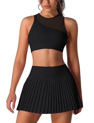 Two Piece Tennis Skirt Sets Outfits Single Shoulder Strap Tulle mesh top with High Waisted Pleated Skirt Sets
