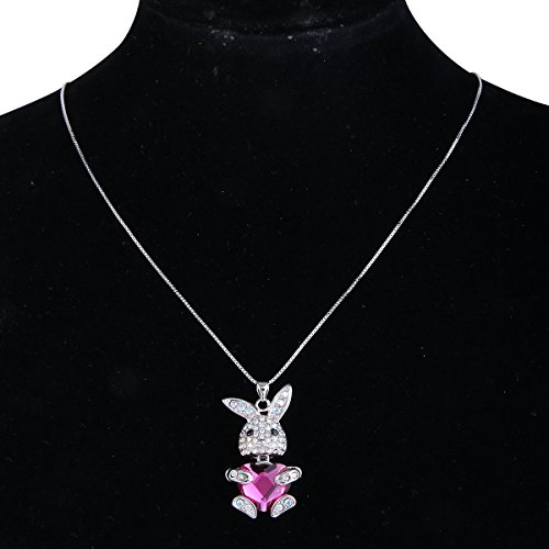 Elequeen Women's Silver-Tone Bunny Heart Pendant Necklace Pink Adorned With Austrian Crystals #TOP3