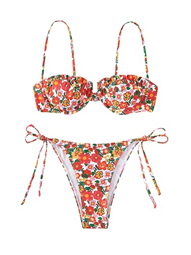 Wdirara Women's Floral Print Underwired Tie Side 2 Piece Bikini Set Cute Swimsuit Red & Green Multi S #TOP14