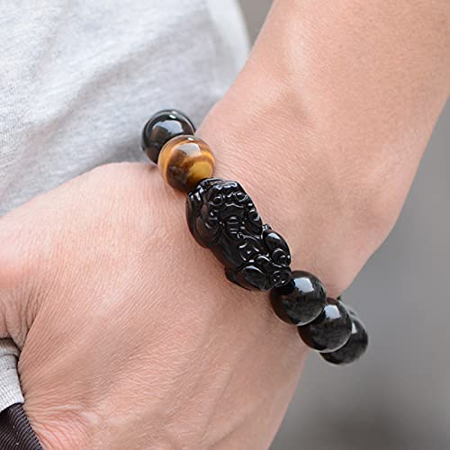 Black Obsidian Bracelet,Feng Shui Black Obsidian Wealth Bracelet for Women Men Stretch Obsidian Bracelet Bangle with Pixiu Tiger Eye Stone Attract Wealth Money and Good Luck4