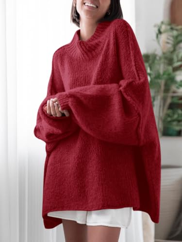 Image of Saodimallsu Womens Oversized Sweaters Mock Neck Batwing Long Sleeve 2026 Fall Trendy Ribbed Knit Casual Tunic Sweater