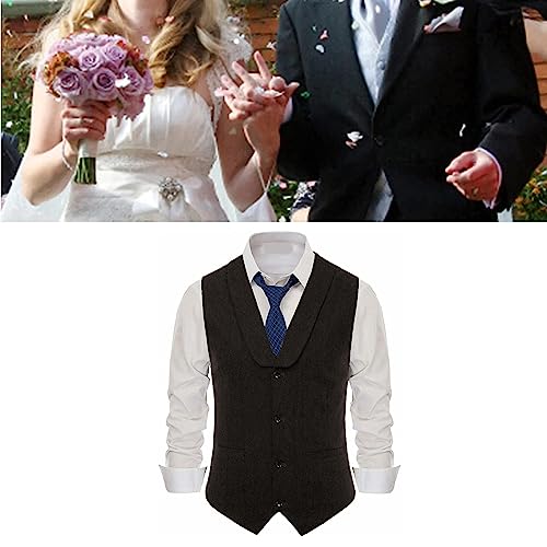 Herringbone Tweed Suit Vest for Men,Shawl Collar Business Single-Breasted Waistcoat,Wedding,Dinner (Color : Black, Size : Medium)4
