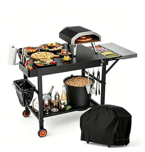Image of Outdoor Grill Table /Cart and Grill Cover for Pizza Oven Table, Large Space with Wheels Pizza Oven Stand& Heavy Duty Waterproof Cover, Fits Ooni Blackstone Ninja Cuisinart Gozney, Solo Stove