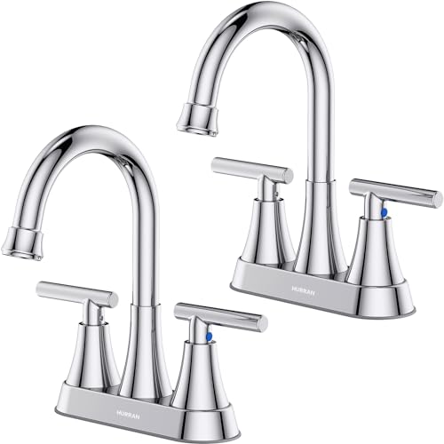 Bathroom Faucets for Sink 3 Hole, Hurran 4 inch Chrome Bathroom Sink Faucet with Pop-up Drain and Supply Hoses, Stainless Steel Lead-Free Centerset Utility Faucet for Vanity RV, 2 Pack