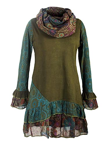 Vishes - Alternative Bekleidung - Damen Langarm Mandala Rüschen-Kleid mit Kapuzenschal Olive 36-38