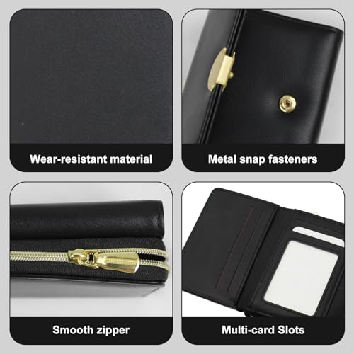 Small Wallets for Women, PU Leather Trifold Wallets with Zip Pocket Multi Functional Fashion Card Holder Wallet (Black)4