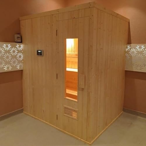 Three-seater (6�5�7 feet) customized sauna room, customized room for dry heat therapy, � dimensions: 72�60�84 inches, deal for personal wellness, Pine wood designed