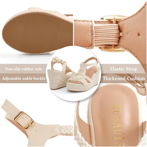 Image of Women's Woven Espadrille Wedge Sandals Bohemian Braided Open Toe Summer Shoes with Adjustable Strap 3.9 inch Platform Heel for Wide Feet, Comfortable Walking