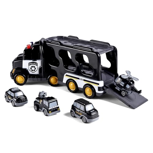 Image of Play Nation 5-in-1 Friction-Powered Truck Toy Set with Light&Sound-Educational Transport Carrier Vehicle for Kids 3 Years+,Emergency Rescue Toy for Girls&Boys,Birthday Gift (Police,Black)