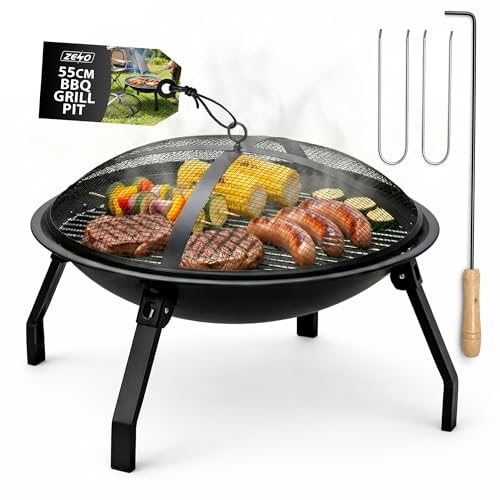 ZENO Fire Pit BBQ Grill | Fire Pit With Cooking Grill And Mesh Lid | Firepit Outdoor Garden Patio Heater | Round Steel Fire Pits For Garden With Poker And Spark Guard | Fire Pits for Garden