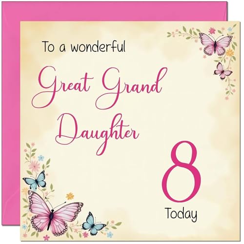 8th Great Granddaughter Birthday Card - Beautiful Butterfly Floral Birthday Card for 8 Year old Kids eight, eighth