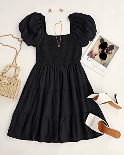 Image of ZESICA Women's Boho 2026 Summer Square Neck Puff Sleeve Off Shoulder Smocked Tiered Casual A Line Short Mini Dress