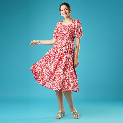 Image of Globus Women Teal Floral Print Smocked Square Neck Casual Fit and Flare Midi Belted Dress-3638174002