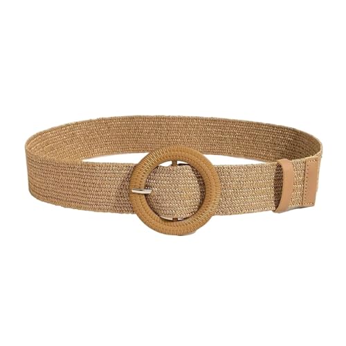 Women Round Buckle Straw Belt for Beach Ellipse Buckle Bead Decor for fashion