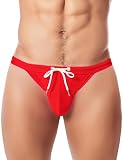 AIEOE - Bañador para hombre de cintura baja con ranuras altas y cordón de ajuste, bikini sexy, rojo, L