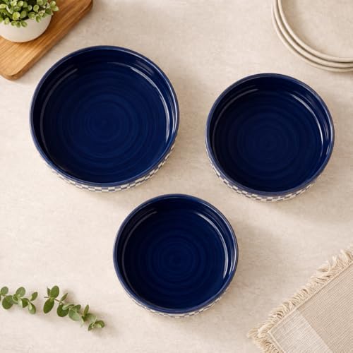 Image of Niyara Stoneware Handmade Ceramic Stylish Premium Serving Bowls /Salad Tray Microwave Dishwasher Safe (White & Blue Pattern Set of 3)