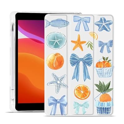 MAYCAR Orange Starfish Fish Bow Case for iPad Air 11 Inch (M3/M2) 2025/2024 (7th/6th Generation) with Pencil Holder,Trifold Stand Auto Sleep/Wake Slim Cover,Soft TPU Back White Leather Shell