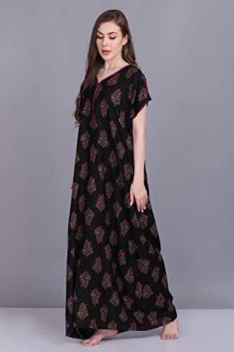Image of Women's Alpine Botanical Leaves Print Maxi Nightgown with Pocket