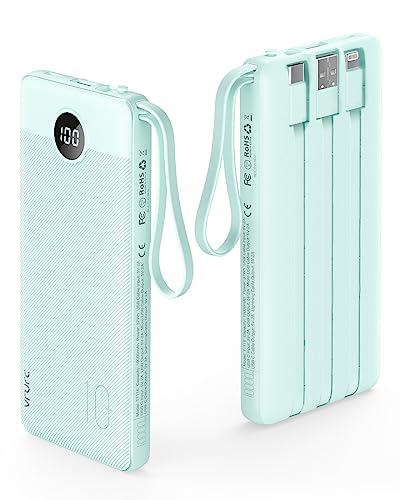 VRURC Powerbank mit Kabel 10000mAh Power Bank Tragbares Ladegerät USB C Externer Handy Akkus LED Display mit 5 Ausgängen 2 Eingänge Kompatibel mit iPhone/Huawei/Samsung Smartphone iPad usw - Grün