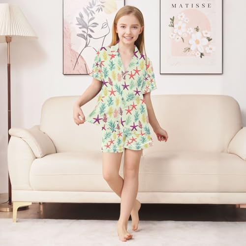Coral Starfish Green Background Summer Pajamas Set Short Sleeve Button-Up Top Shorts 2PC Satin Sleepwear3