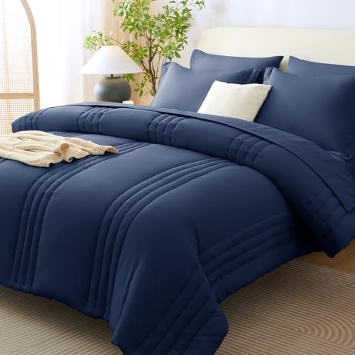 Image of CozyLux Queen Comforter Set Navy Blue - 7 Pieces Bed in a Bag, Modern Vertical Quilted Room Decor, Soft All-Season Bedding Gift with Comforter, Sheets, Pillowcases & Shams