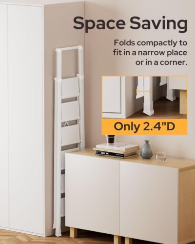 Image of 6 Step Ladder for 12 Feet High Ceiling, Lightweight Aluminum Folding Step Stool with Convenient Handgrip, Stepladders with Anti-Slip and Wide Pedal for Home Use Space Saving - White
