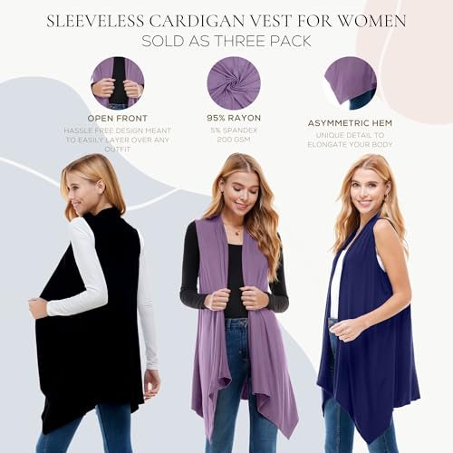 Image of Azules Sleeveless Cardigan for Women, Soft Lightweight Duster Open Front Sleeveless Long Cardigan Vest (3 Pack)