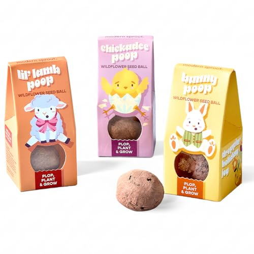 Modern Sprout Wildflower Seed Ball Poop - Easter Basket Essentials - Non-GMO, Hand-Rolled Clay Seed Bombs with Wildflower Seeds - Gardening Gift Set for Kids & Adults - (Easter Plop - Pack of 3)