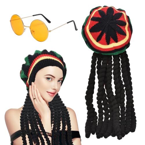 EUPSIIU Strickmütze mit Dreadlocks Brille Mütze Rasta Dreadlocks, Jamaika-Mütze mit Dreadlocks, Schwarze Geflochtene Perückenkappe, für Karneval, Halloween, Fasching, Mottoparty