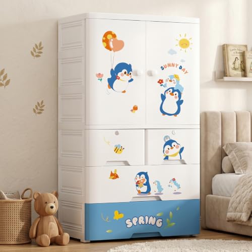 Image of StarAndDaisy Kids Wardrobe /Multifunctional Collapsible Plastic Wardrobe /Almirah for Kids- Storage Cabinet - Dustproof Baby /Wardrobe Organizer for Clothes, Toys -Little Penguin