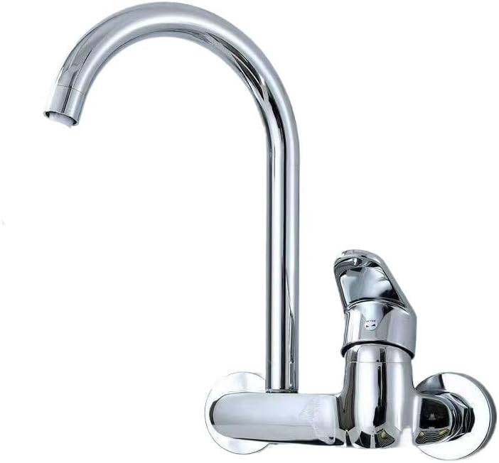 Polished Chrome Wall-Mounted Kitchen Mixer, 360° Swivel Gooseneck Tap with Dual Hole Installation(Chrome B)