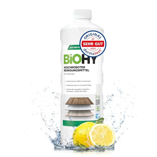 BiOHY Detergente robot de limpieza (1 botella de 1 litro) | Limpiador para los suelos de madera | parquet y laminado | Concentrado con fragancia fresca brillo sin rayas| vegano (Wischroboter Holz)