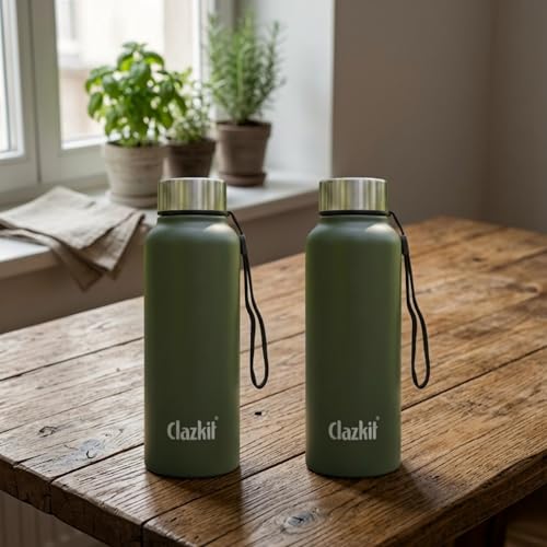 Image of Clazkit Alpha Pro Classic Stainless Steel Water Bottle Single Wall 750ml Set of 2 | Lightweight, Leak-Proof, Reusable | Ideal for School Kid,Office, Gym & Travel | Green