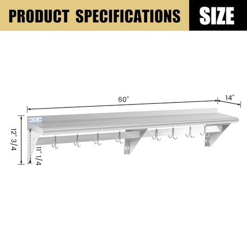 Image of Hally Stainless Steel Shelf with 8 Hooks 14 inch x 60 inch Wall Mounted Pot Rack 400lb, NSF Commercial Floating Shelving for Storage Hanging Pots, Pans, cookware in Restaurant, Kitchen, Home and Hotel