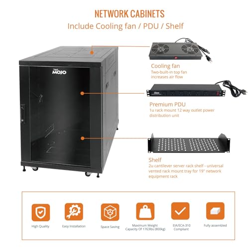 Image of Tecmojo Fully Assembled 18U Network Cabinet AV Rack Black Equipment Rack Enclosure with Casters /Locking Doors with Dual Fan, PDU and Cantilever Shelf Installed (23.6inch DEEP Glass Door)
