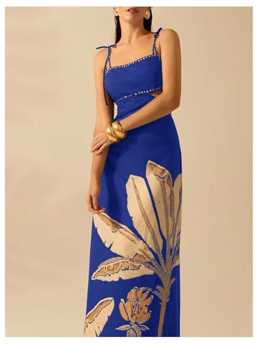 Image of SOLY HUX Women's Summer Maxi Dress Boho Print Tie Shoulder Spaghetti Strap Cut Out Tie Back Cami Dresses Sundress