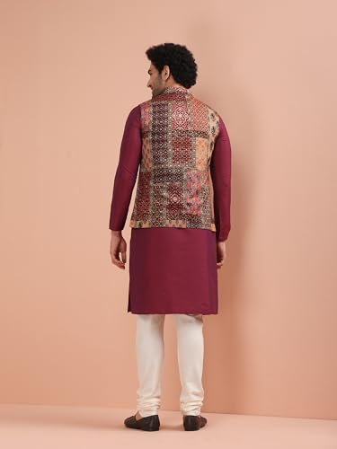 Image of KISAH Men's Ethnic Wear Regular Fit Cotton Blend Printed Kurta Churidar and Jacket Set