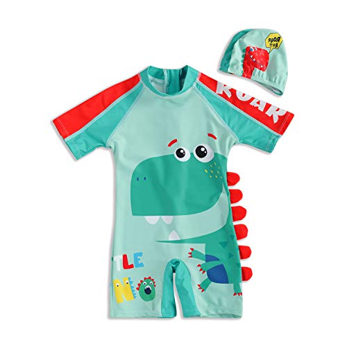 Baby Boy One Piece Zipper Swimsuit Toddlers Swimwear Sunsuits with Hat UPF 50+ Sun Protection Short Sleeve Infant Bathing Suit (A, L)