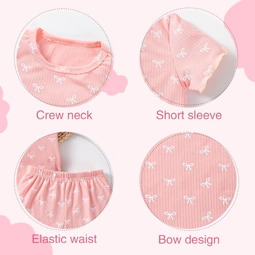 Toddler Baby Girl Summer Clothes Ruffle Ribbed Knit Short Sleeves Cute Bow T Shirt Tops and Shorts Outfit3