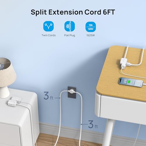 Image of TROND Split Extension Cord with Surge Protection, Twin 3ft Each Side, White | Flat Plug, Dual End 3 Outlets, 900J, 1625W, Low-Profile for Tight Spaces, Hide Behind the Middle of Sofa Couch Bed TV Stand