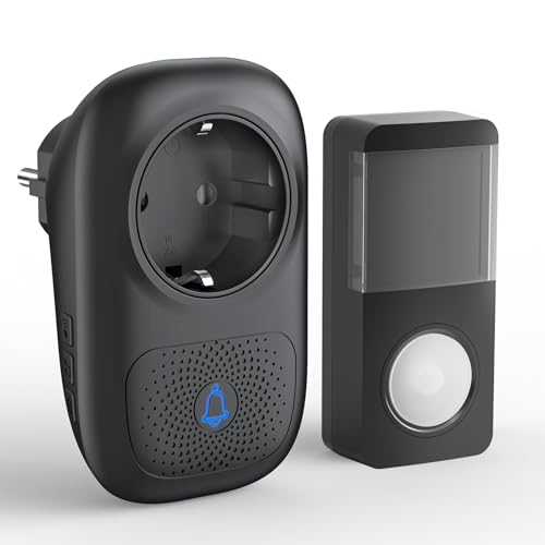 Sonnette sans Fil Exterieur Etanche, JeaTone Sonnette de Porte IP55 Étanche Carillon Electronique, Sonnette de Porte avec Fonction de Charge, 150M, 58 Mélodies, 4 Niveaux de Volume, Lumière LED, Noir