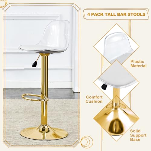 Juego de 4 Butacos Acrílicos con Respaldo Transparente, Altura Ajustable y Giro 360°, Asiento de Cuero PU, Patas de Metal Doradas, Estilo Moderno miniatura 3