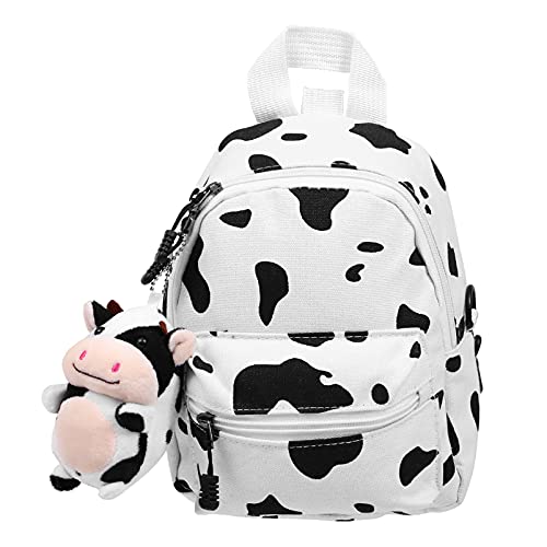 Amosfun Cow Pattern Backpack Cow Print Backpack Mini Canvas Daypack with Plush Cow Pendant for Student Teenagers Kids Accessory